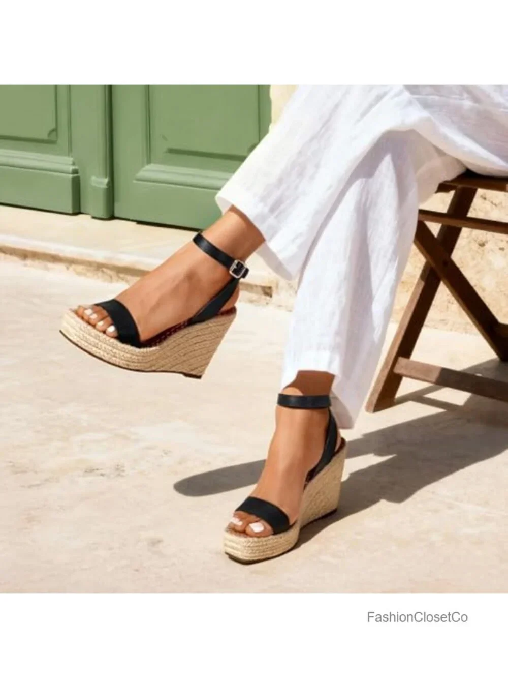 Open Toe Platform Sandals Adjustable Buckle Ankle Strap Espadrille Wooden
